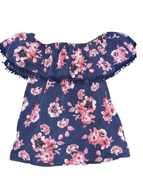 Navy Floral Off-Shoulder Tank Top with Pom Trim (Maternity Top)